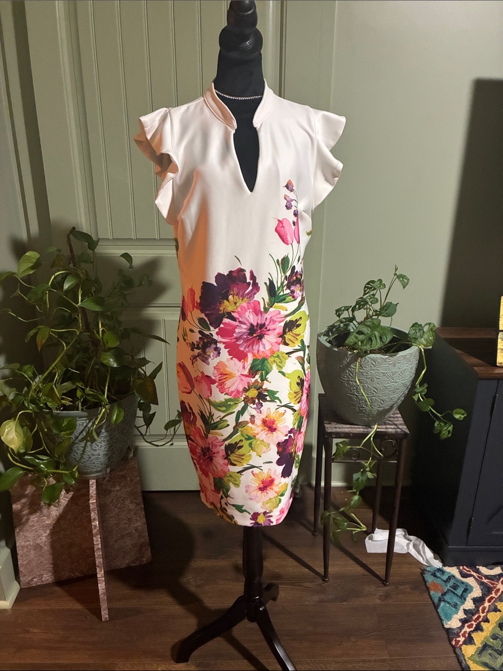 New York & Company Pink Floral Midi Dress with Keyhole Neck